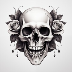 Detailed black and white pencil sketch of a human skull with cracked bone texture, framed by dark, beautifully blooming roses and foliage.