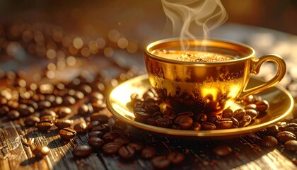Hyper realistic close-up of a golden espresso cup beside coffee beans, metallic shine