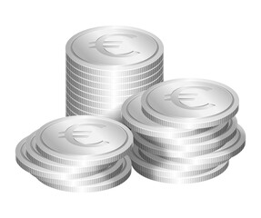 Three stacks of silver coins with Euro currency symbol embossed on the faces, arranged in regular and irregular manner. Money concept, isolated on transparent.