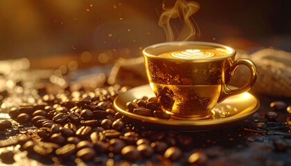 Hyper realistic close-up of a golden espresso cup beside coffee beans, metallic shine