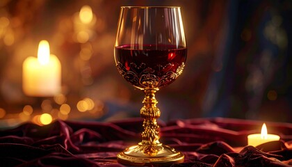 Hyper realistic close-up of a golden wine goblet with red wine swirling slowly
