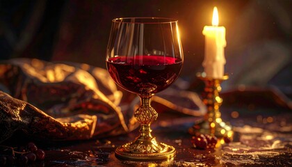 Hyper realistic close-up of a golden wine goblet with red wine swirling slowly