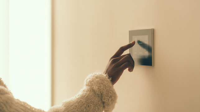Serene High-Key Shot of African American Hand Operating Smart Home Technology Panel, Generative AI - Powered by Adobe