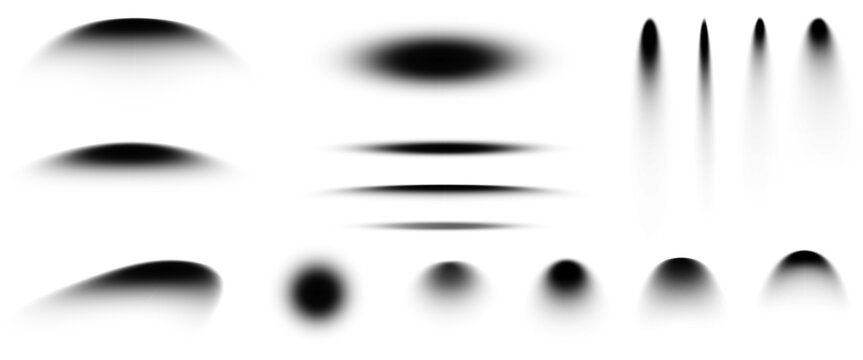 Realistic soft drop shadow overlays effect with round shapes, blurred edges falling shadow set on transparent background, for digital graphic design like posters, flyers, business cards and banners.

