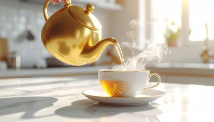 Soft cinematic shot of golden teapot pouring tea into matching cup, steam