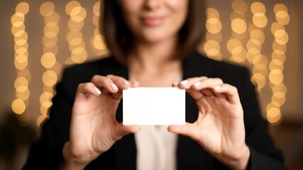 A woman in a dark suit holds a blank business card in front of a bokeh background