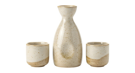 Traditional japanese sake set isolated on transparent background, featuring a ceramic bottle and two cups for enjoying the rice wine