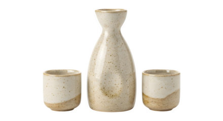 Traditional japanese sake set isolated on transparent background, featuring a ceramic bottle and two cups for enjoying the rice wine