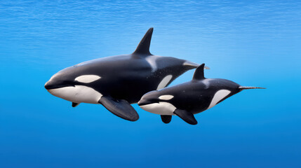Obraz premium Two orcas swim gracefully in deep blue water, showcasing their distinctive black and white markings in a serene underwater environment.
