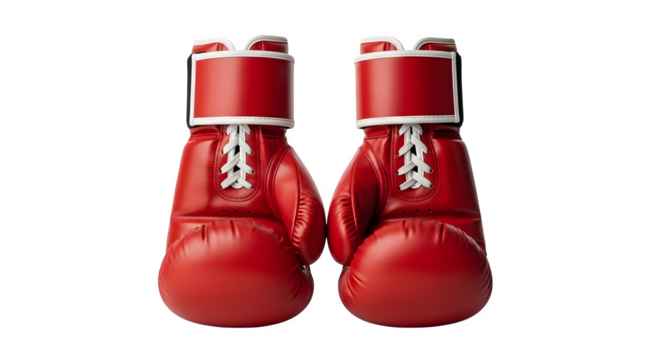 Pair of red leather boxing gloves isolated on transparent background, offering protection during sparring and competition in combat sports