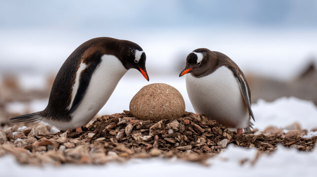 Two Gentoo penguins curiously observe a large egg nestled on a nest of shells in a snowy environment.