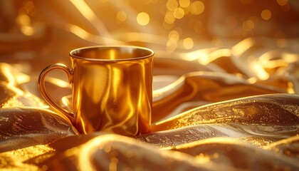 Ultra realistic shot of golden coffee mug placed on satin cloth, warm ambient light 