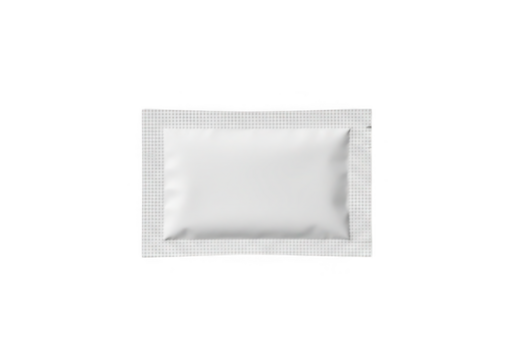 A single blank white sachet packet for seasoning or samples isolated on transparent background