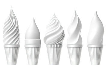 Five white, swirled soft-serve ice cream cones in a row