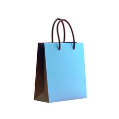 Shiny blue gift bag w/ brown handles on black backdrop