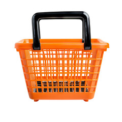 Bright orange plastic shopping basket with black handle