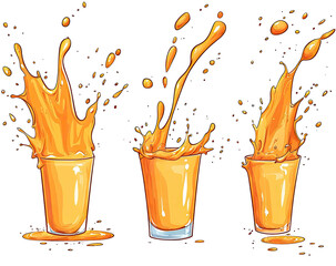 Orange juice splashes, 3 glasses, bright, dynamic illustration