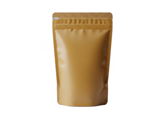 A plain brown stand up pouch with a resealable zipper closure isolated on transparent background