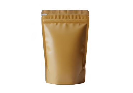 A plain brown stand up pouch with a resealable zipper closure isolated on transparent background