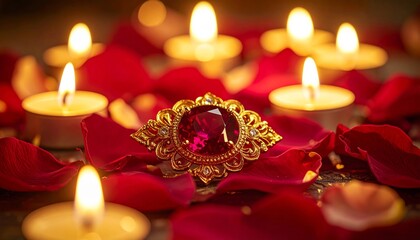 Cinematic composition of vintage golden brooch with ruby centerpiece, surrounded