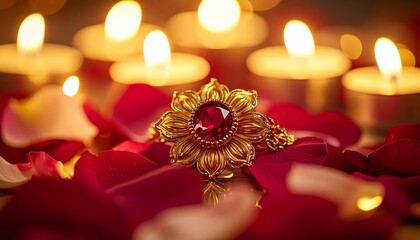 Cinematic composition of vintage golden brooch with ruby centerpiece, surrounded
