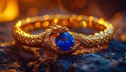 Cinematic macro shot of a golden bracelet shaped like a dragon curling around a sapph 