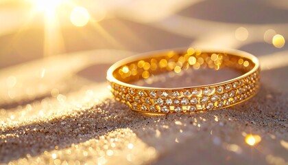 Hyper detailed macro of golden anklet with tiny diamonds, resting on smooth sand