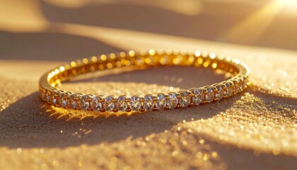 Hyper detailed macro of golden anklet with tiny diamonds, resting on smooth sand