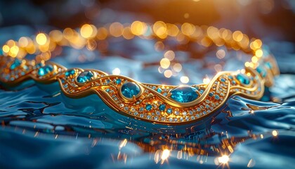 Hyper realistic macro of a golden necklace shaped like flowing water, embedded 