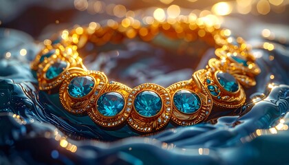 Hyper realistic macro of a golden necklace shaped like flowing water, embedded 