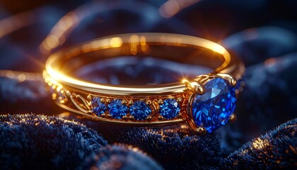 Hyper realistic macro shot of a golden ring with sapphire gemstone