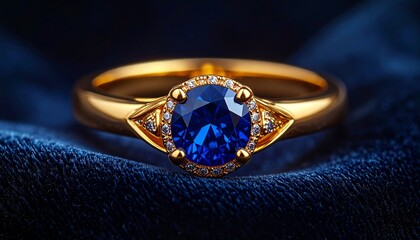 Hyper realistic macro shot of a golden ring with sapphire gemstone