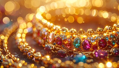 Hyper realistic macro shot of layered golden necklaces intertwined, mixed gemstones