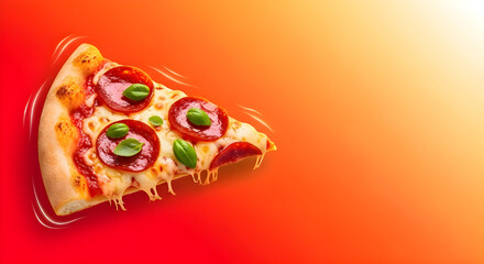 Delicious cheesy pizza slice with vegetables on vibrant red background, fast food concept illustration