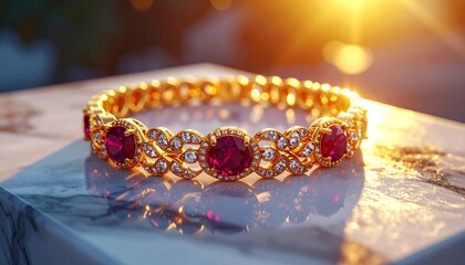 Hyper realistic shot of a gold bracelet with rubies and diamonds, lying on marble 