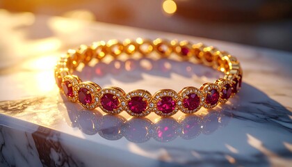 Hyper realistic shot of a gold bracelet with rubies and diamonds, lying on marble 