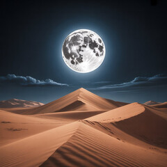 Vast desert dunes illuminated by a luminous full moon under a starry night sky