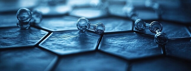 Chain of clear spheres on hexagonal, textured surface