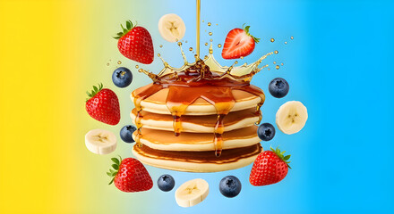 Stack of floating pancakes topped with strawberries, bananas, and syrup on colorful gradient background