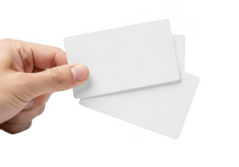 Hand holding blank white cards for information or identification isolated on transparent background