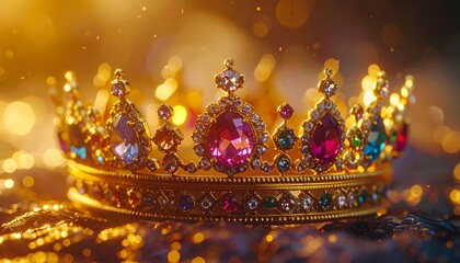 Macro shot of a golden crown adorned with colorful gemstones, cinematic