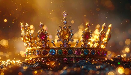 Macro shot of a golden crown adorned with colorful gemstones, cinematic