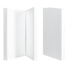 Two plain, white, vertical book structures