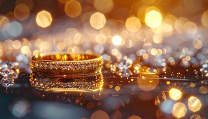 Ultra cinematic shot of golden ring placed on mirrored surface, reflections creating
