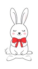 Fototapeta premium Cartoon-style illustration of a white rabbit with a bright red bow tie, isolated on white