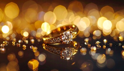 Ultra cinematic shot of golden ring placed on mirrored surface, reflections creating
