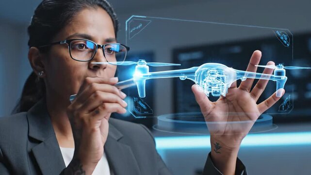 Scientist analyzes complex technical blueprint with a stylus in lab