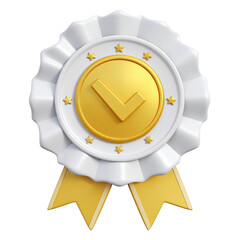 Golden check in white rosette badge, approval imagery