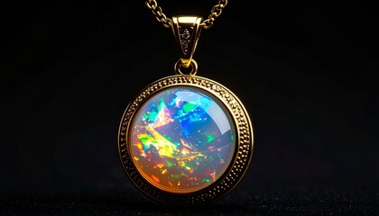 Ultra realistic close-up of golden pendant with opal gemstone, internal light refract