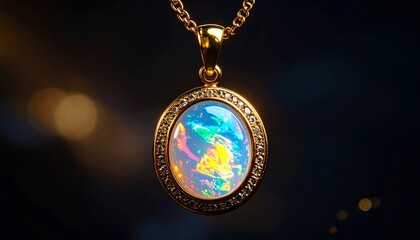 Ultra realistic close-up of golden pendant with opal gemstone, internal light refract